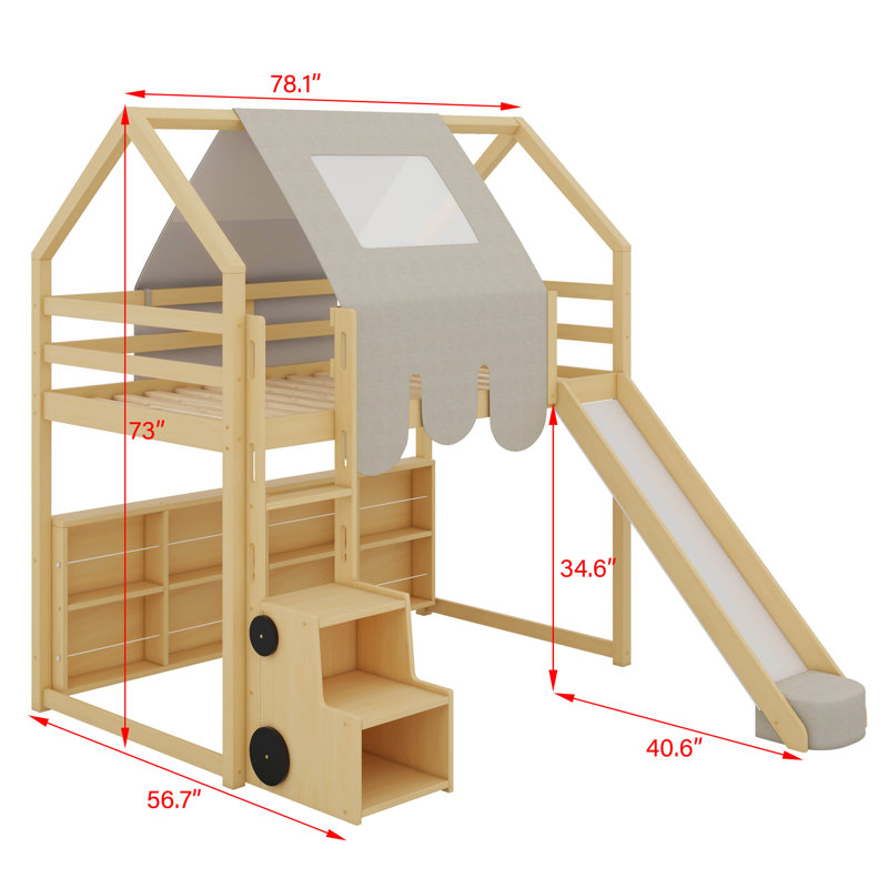 Lit mezzanine simple en bois avec tente, Naturel / Beige