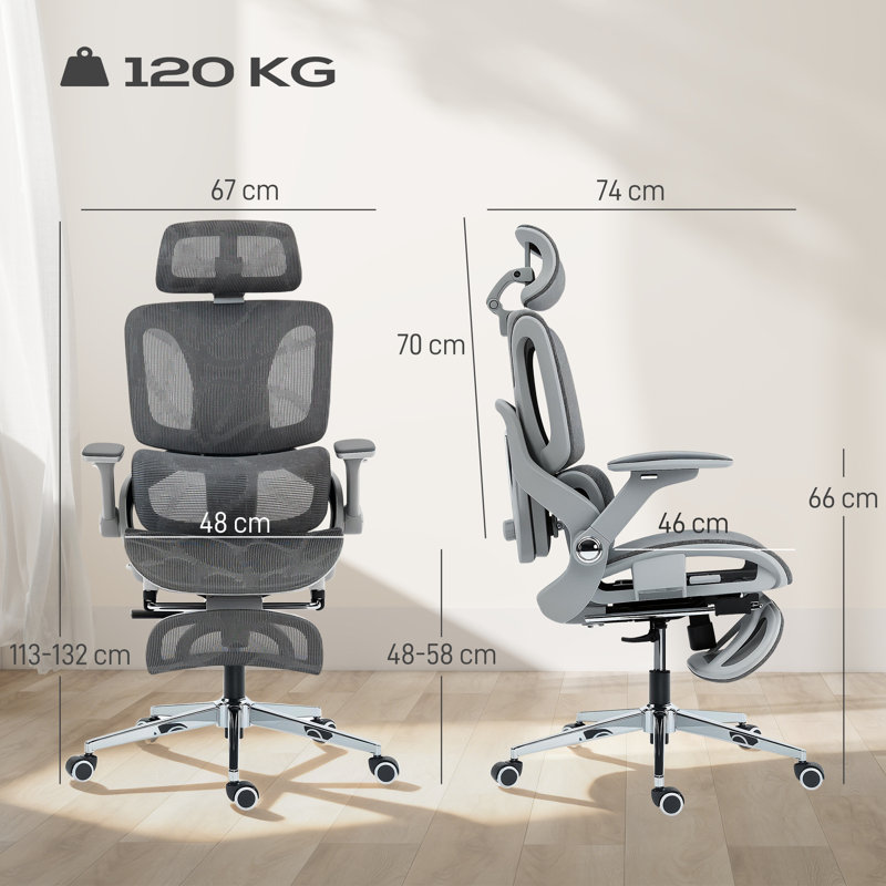 HOMCOM Ergonomic Office Chair High Back Mesh Desk Chair Footrest, Grey