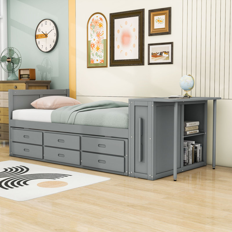 Lassen Twin Wooden Platform Bed with Twin Trundle, Storage Drawers and Desk, Gray