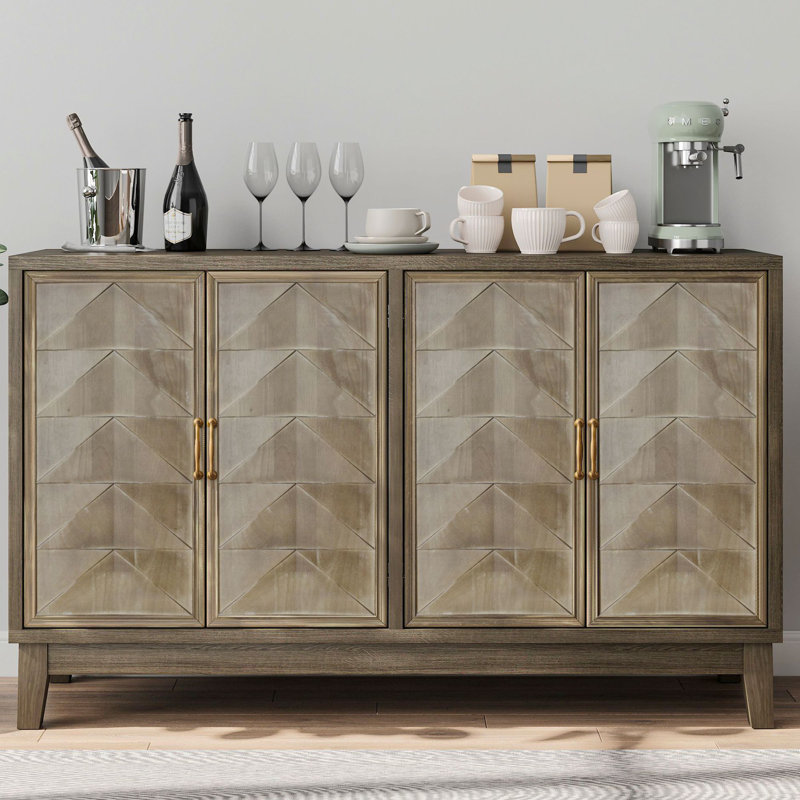 Console moderne avec rangement et tablettes réglables, buffet d'entrée à motif géométrique avec 4 portes, armoire décorative multifonctionnelle pour salon, salle à manger, entrée, couloir, brun