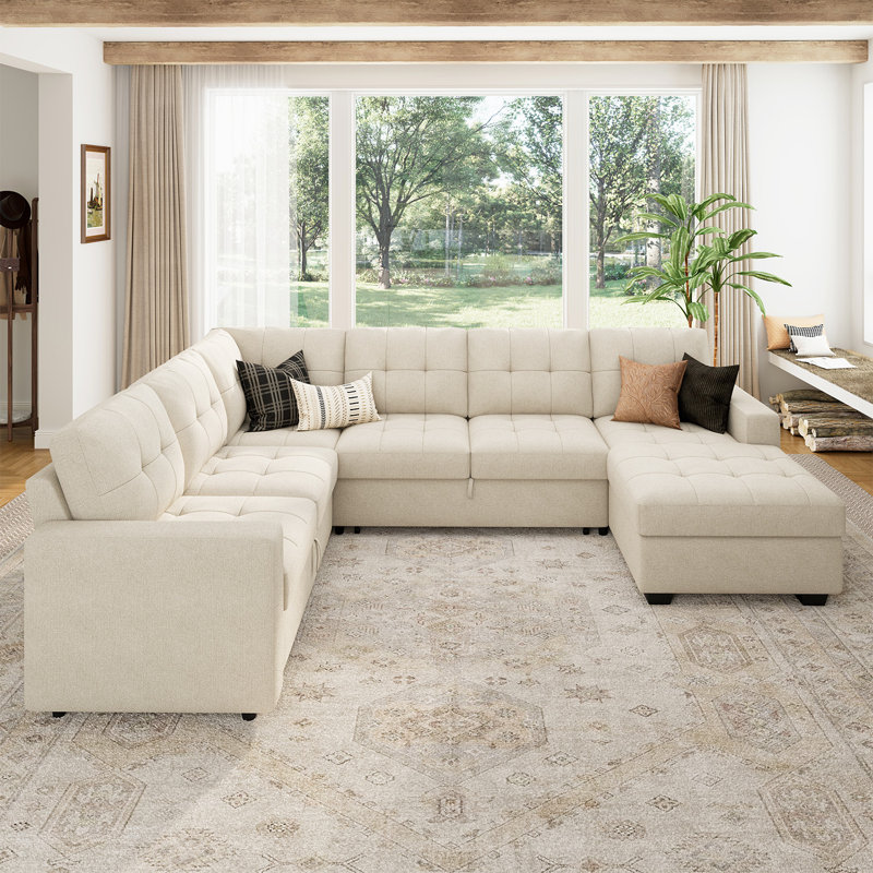 Canapé-lit modulaire capitonné en forme de U avec méridienne Epping Chasidi, Polyester beige
