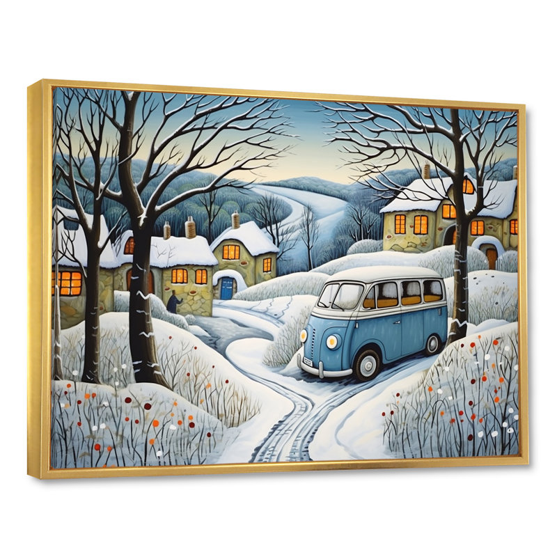 Hippie Van Charm In Winter I - Car / Van, reproduction d'art sur toile, H 34 po x l 44 po x P 1,5 po, Cadre flottant doré