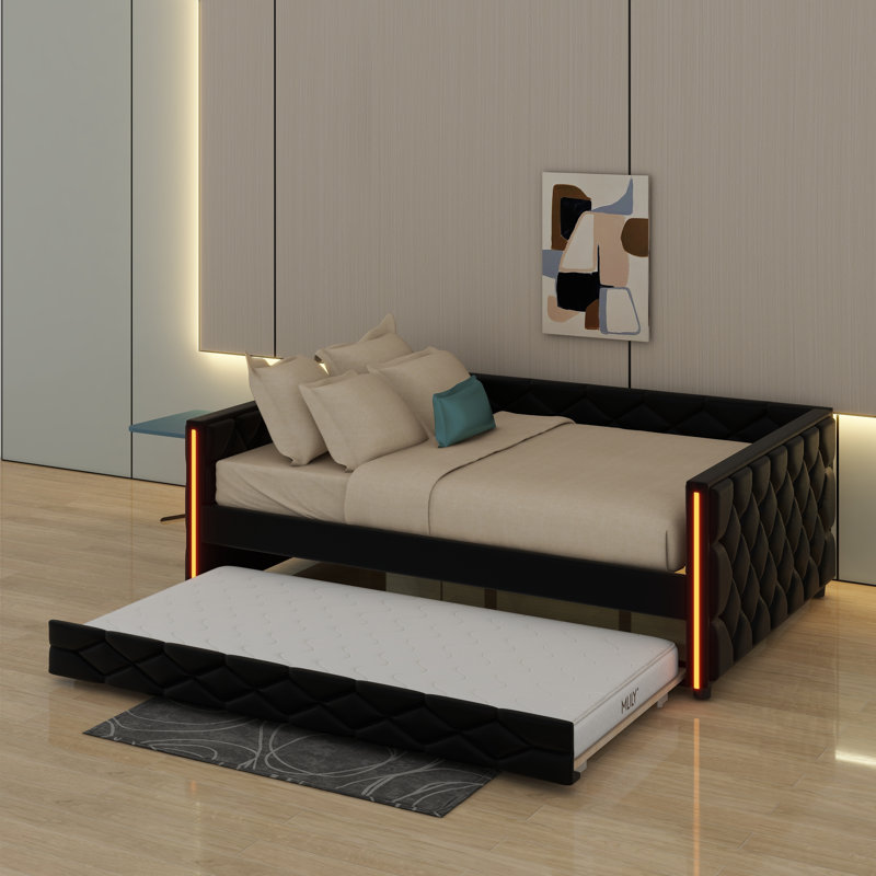 Full XL Size Upholstered Daybed With Trundle And LED, Black