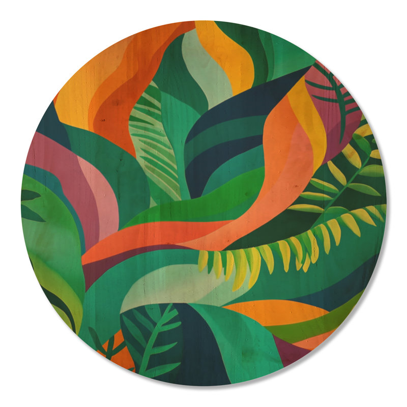 Forêt tropicale tropicale I - décoration murale ronde en bois botanique, Rond 23 po, Rond