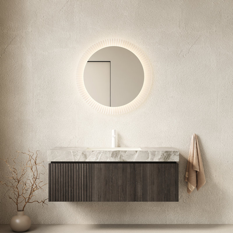 Meuble-lavabo de salle de bain de 122 cm (48 po) avec tiroirs et portes, comptoir en pierre frittée grise, armoire flottante en contreplaqué, lavabo en céramique, style préassemblé, comptoir, armoire