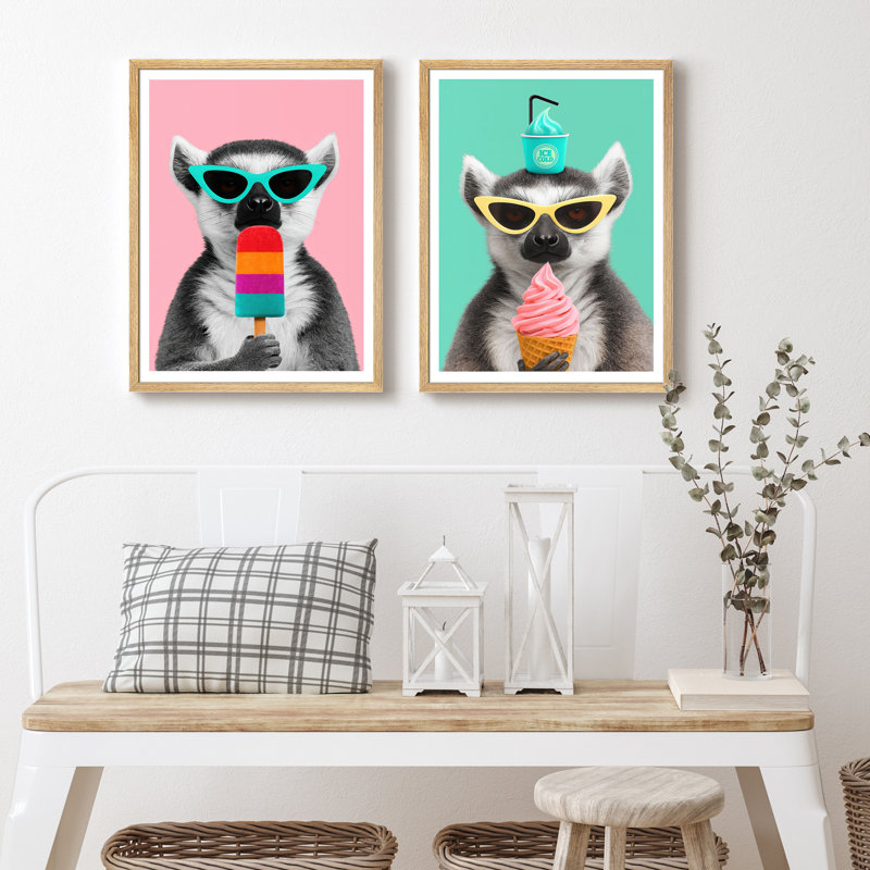 «Cool Lemur», ensemble de 2 encadrements amusants de singe avec crème glacée et lunettes de soleil pour décor de chambre d'enfant ou de café moderne