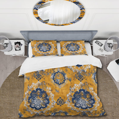 Ensemble de housse de couette bleu doré jaune d'inspiration bohémienne - fleurs de style Mid-Century