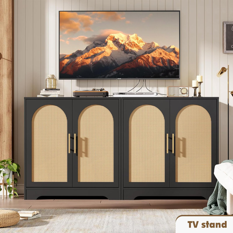 Buffet Buffet - Rangement de crédence avec 2 portes et tablettes en rotin, console moderne avec bar et armoire pour salon, cuisine, couloir, salle à manger, entrée, noir