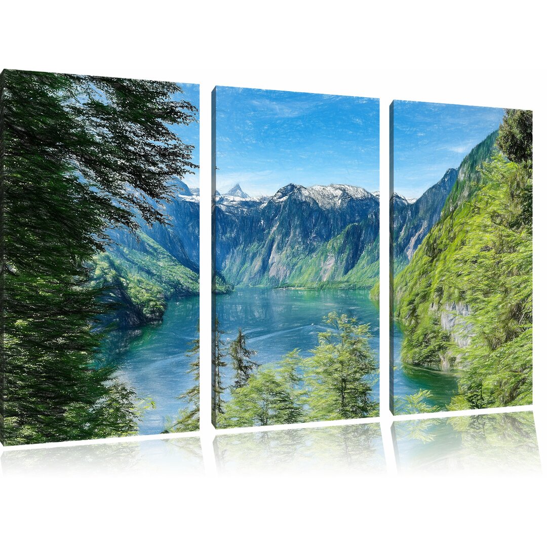 3-tlg. Leinwandbilder-Set „Blick auf den Königssee“, Grafikdruck