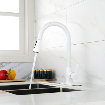 Robinet de cuisine blanc en acier inoxydable avec douchette extractible, robinet simple et élégant, buse rotative à 360 °, deux réglages de débit d'eau, apparence à contrôle unique facile,