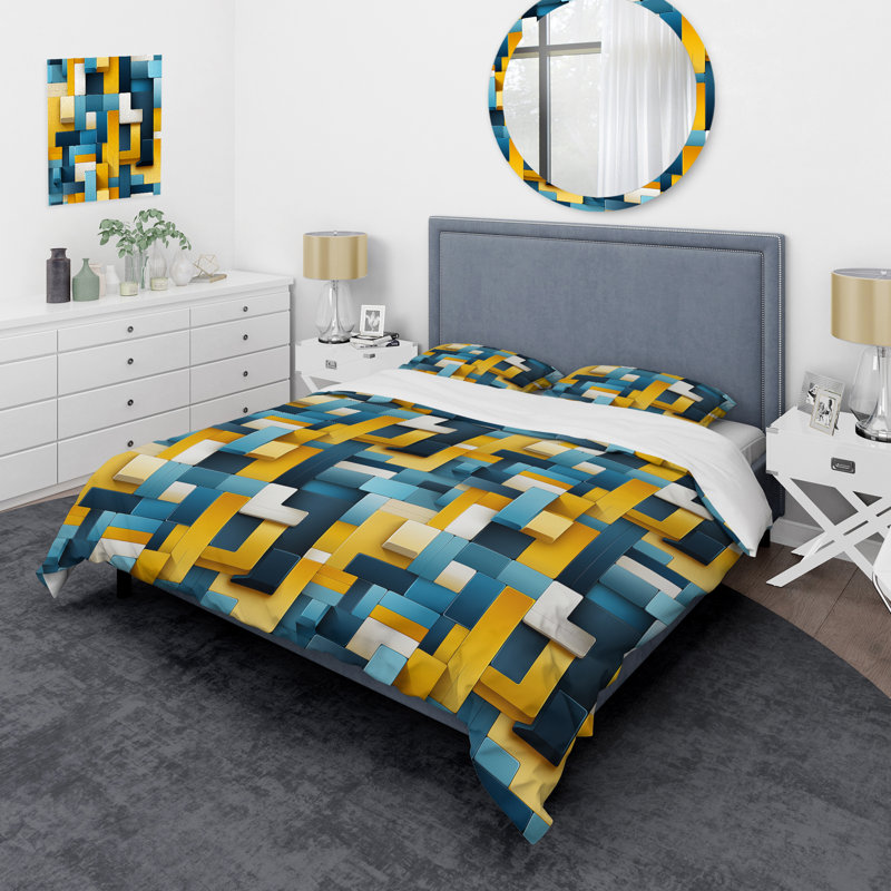 Ensemble de housse de couette géométrique jaune et bleu Harmony Blocks, Housse de couette pour grand lit et 2 taies décor