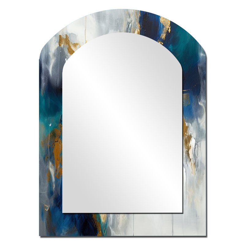 «Deep Knowing Abstract» en bleu royal et or VI - peinture abstraite, miroir mural décoratif asymétrique doré, 34 po x 25 po