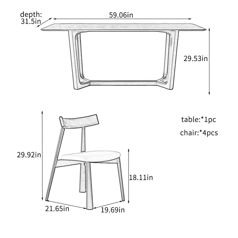 Ensembles de table de salle à manger en bois de frêne massif., H 29,53 po x L 59,06 po x l 31,5 po