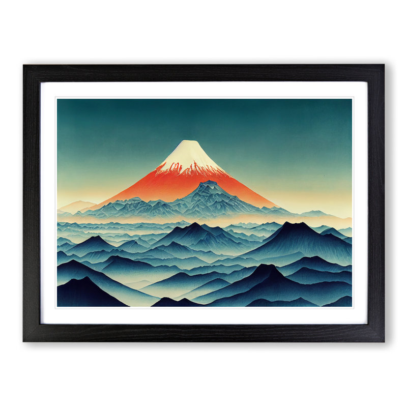 Illuminated Japanese Mountains - Single Picture Frame Print, 46cm H x 64cm W x 2cm D, Black
