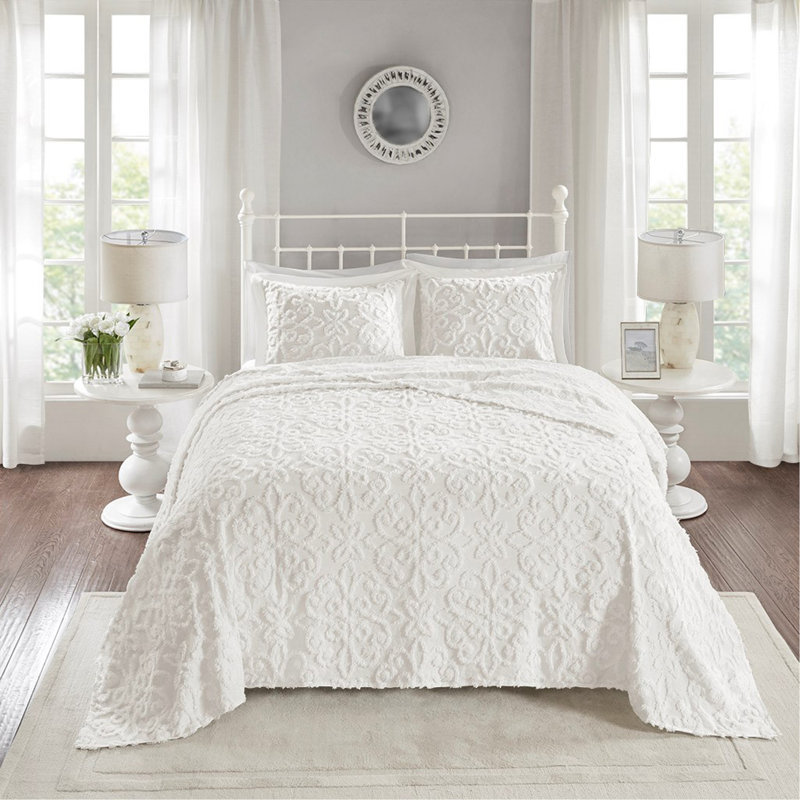 Ensemble de couvre-lit 3 pièces en chenille de coton touffeté blanc cassé double / grand, Blanc cassé