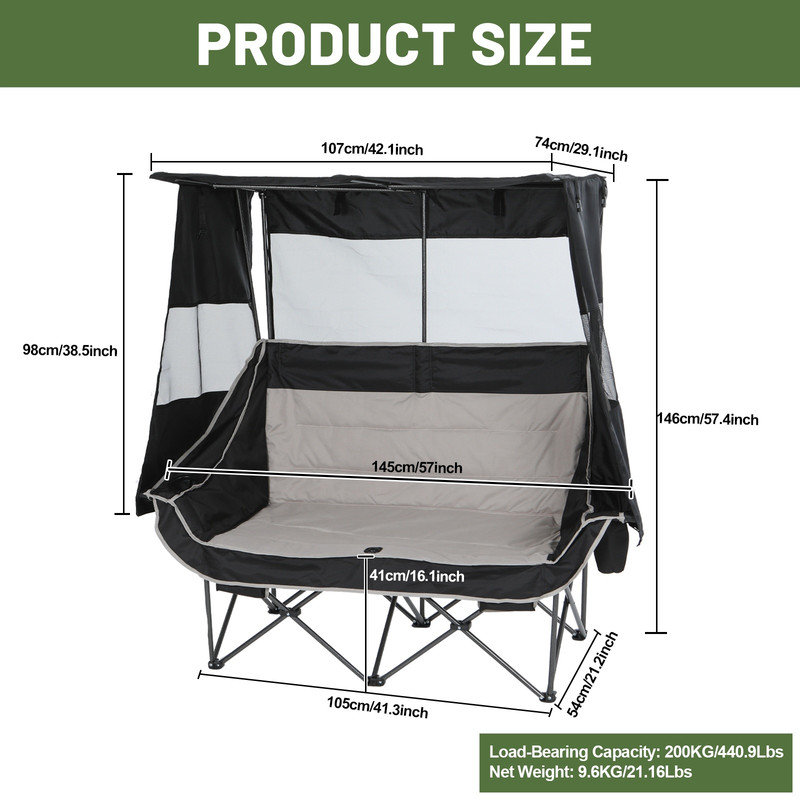Heated Double Camping Loveseat with Canopy, Portable Folding Outdoor Chair with Cooler, Cup Holders & Side Pockets for Beach & Lawn