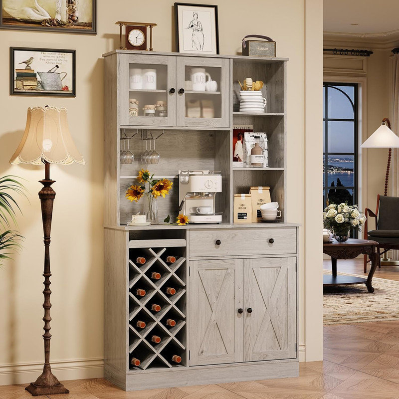Coffee Bar Cabinet with Power Outlet, Wine Rack & Barn Doors, Sideboard Storage for Kitchen, Gray