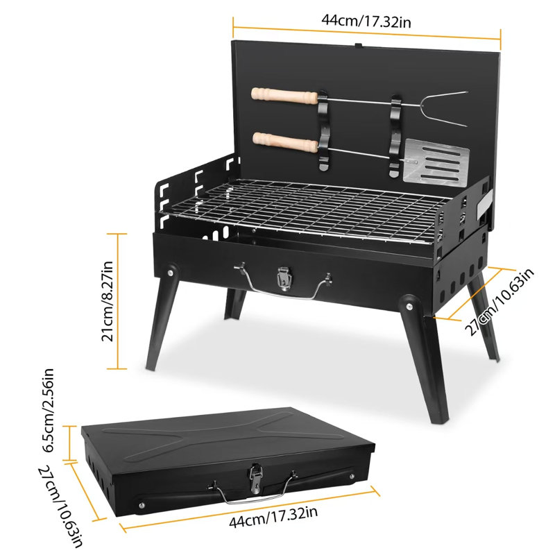 Valise pliable pour barbecue au charbon de bois pliable, bouches d'aération multicouches pour ranger le couvercle du pare-vent intégré, rangement pour ustensiles intégré