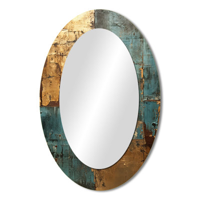 Kintsugi Retro Glam Vintage Gold On Turquoise - Abstract Oval Decorative Mirror On Metal