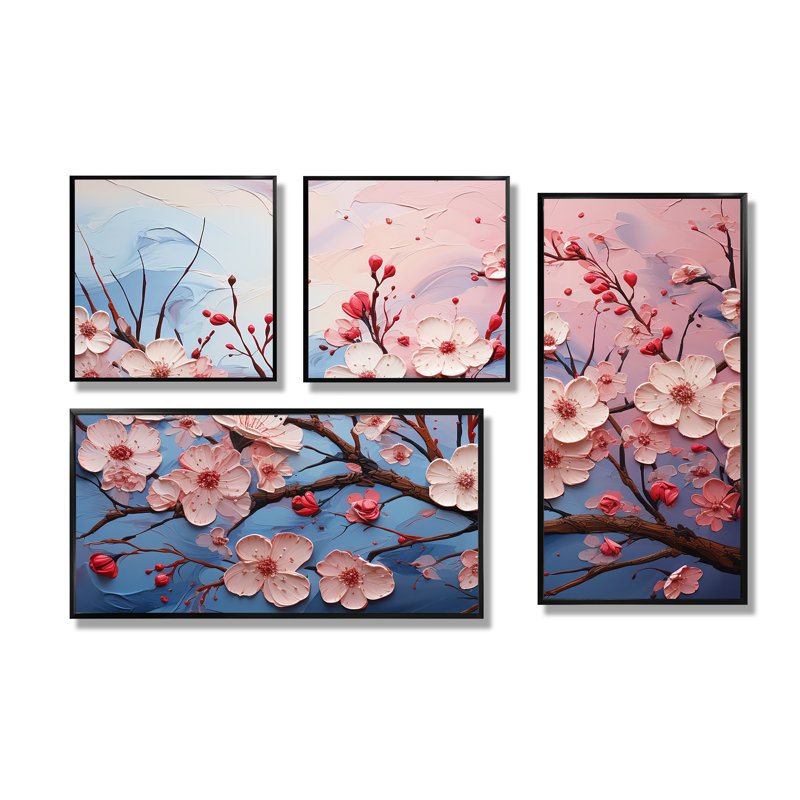 Pink And Blue Cherry Blossom II - Pink Wall Decor 4 Pieces, Wrapped Canvas, Does Not Apply