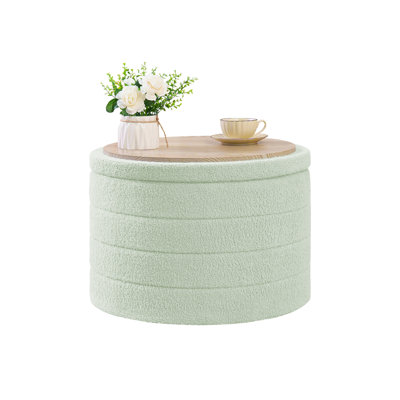 Collapsible Storage Ottoman Round with Tray Teddy Fabric Living Room Bedroom Ottoman with Storage