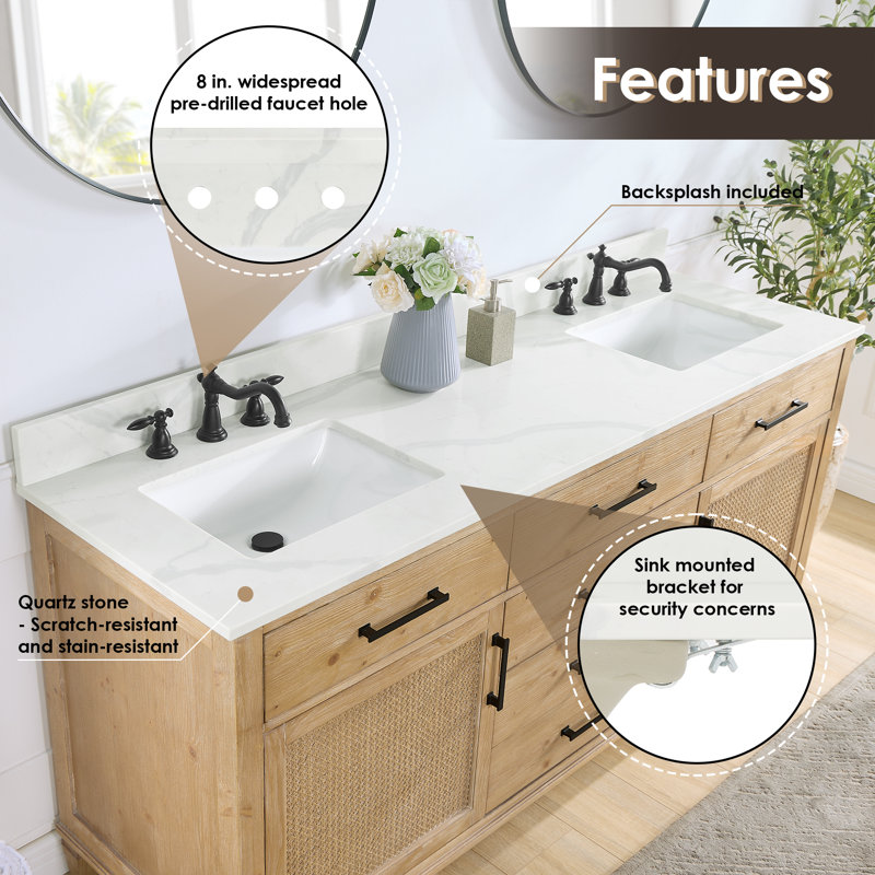 Calacatta White Quartz Double Vanity Top with Sink Holes