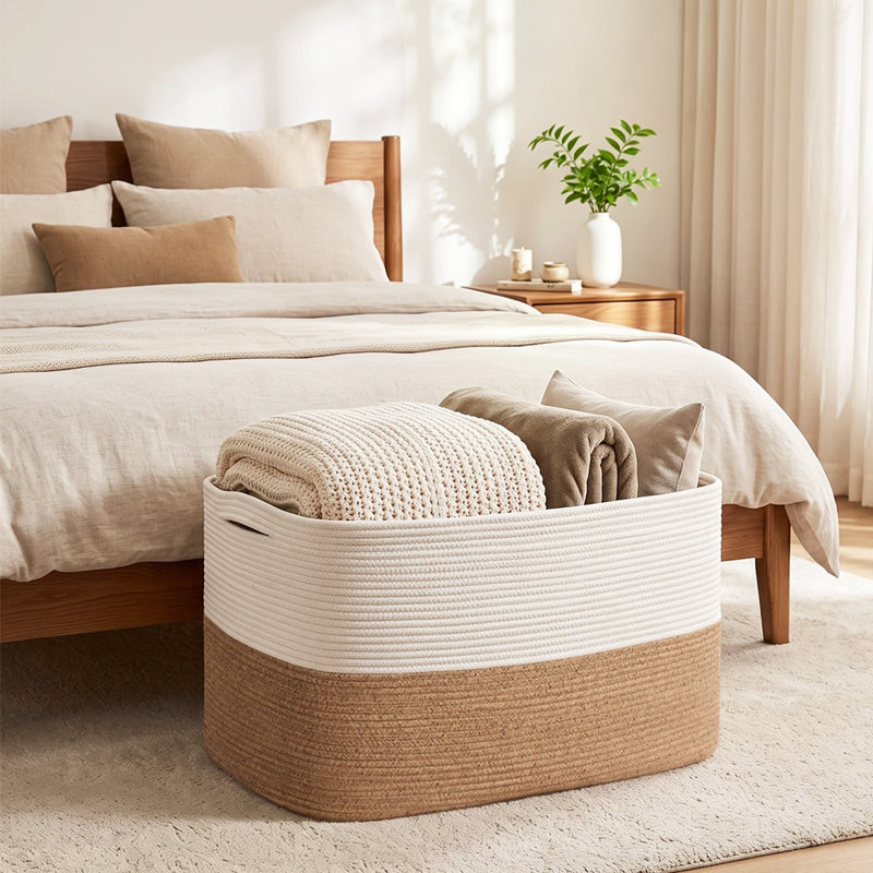 Panier de rangement extra large de 61 cm (24 po) en corde de coton avec poignées, grand panier de rangement tissé pour couvertures, literie, oreillers, jouets et vêtements