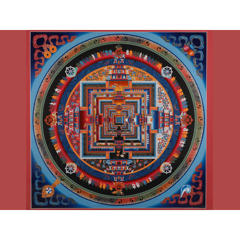 Art mural mandala Kalachakra roue de la vie - Thangka bouddhiste tibétain peint à la main avec décorations en or 24 carats, habilitation sacrée et méditation