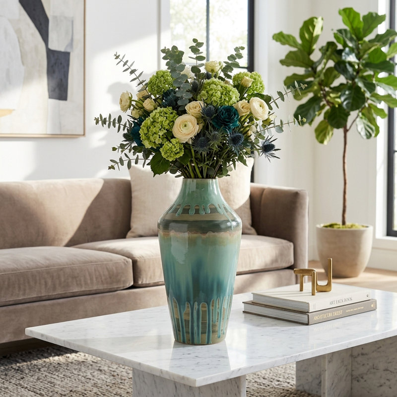 Modern Round Curved Ceramic Tall Flower Vase Accent for Home Tabletop Decor - Sculptural Table Vase for Living Room and Entryway Display - Green & Blue