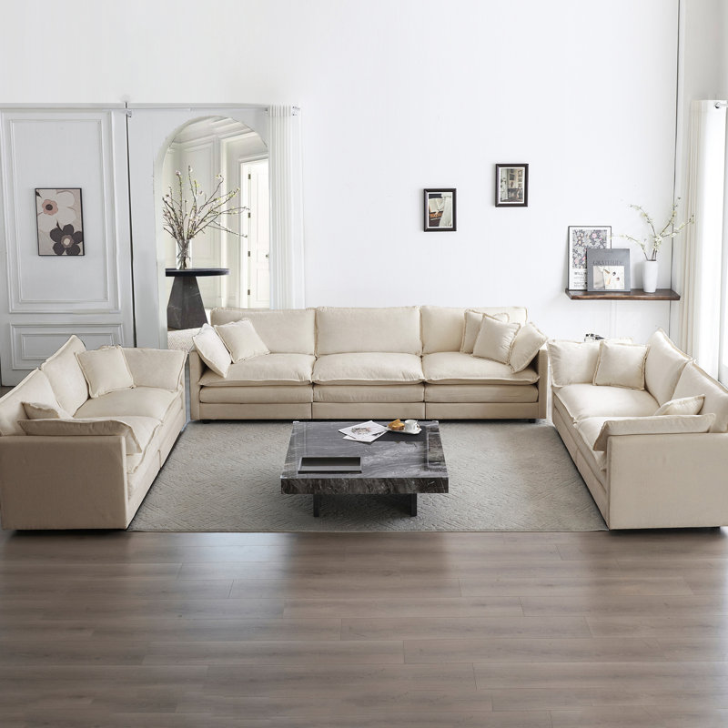3 pièces - Très grand espace de vie confortable. Canapés 2 places (2 unités) et (1 unité). Tissu chenille beige. Cadre en bois. Matériau hautement respirant. Rembourrage en éponge de qualité. Siège réglable. Relaxant