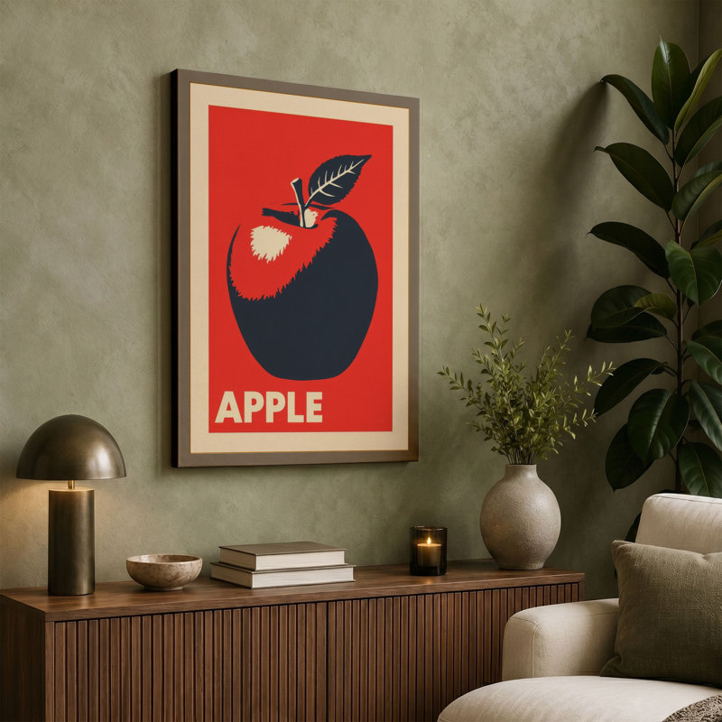 Apple Poster Retro - Wrapped Canvas, 36x24 - 91.4 x 61.0 cm, Teal Border