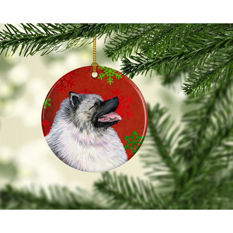 Ornement figurine suspendu en céramique de noël keeshond flocons de noël