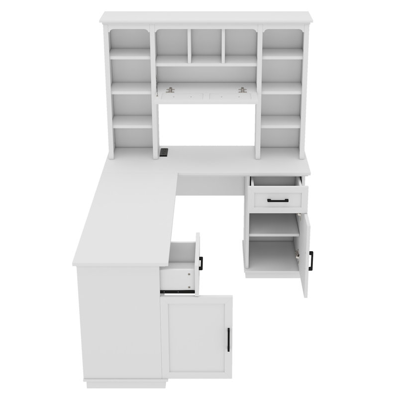 Bureau d'ordinateur en L avec 2 armoires et 2 tiroirs (sans les chaises de bureau), Blanc
