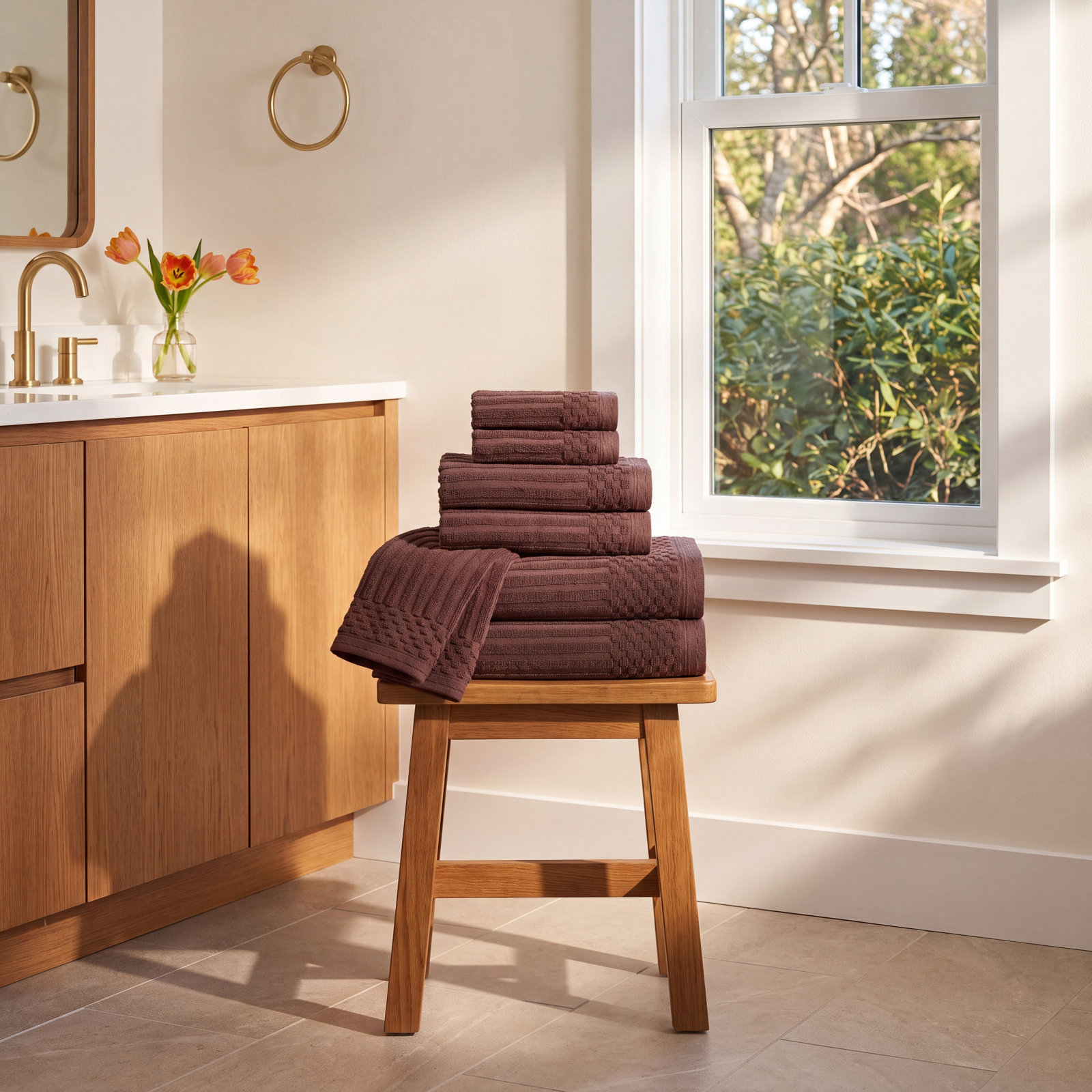 8-Piece Checkered Border Cotton Towel Set, Brown, 8 Piece Towel set (2-bath, 3-hand, 3-face)