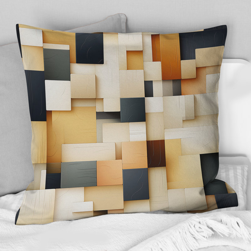 Abstrait taupe Blockchain Blocks I - Coussin décoratif à imprimé géométrique, H 18 po x l 18 po