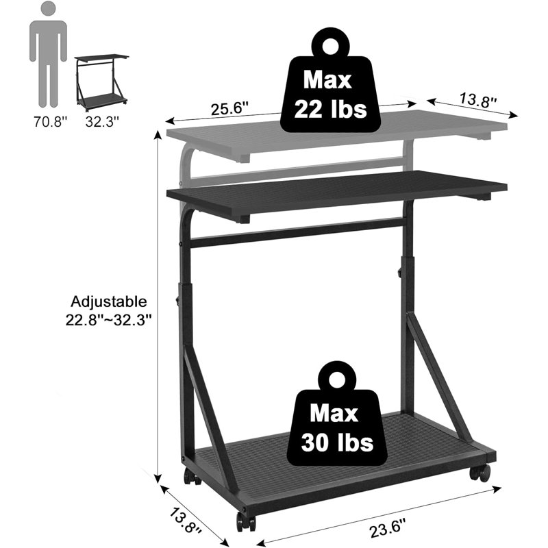 2-Tier Adjustable Height Computer Tower Stand With Lockable Wheels, Mobile PC Workstation For Home Office, Multifunctional CPU Holder With Storage Space