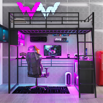 Lit mezzanine double en métal avec DEL, bureau et 4 tablettes de rangement, noir