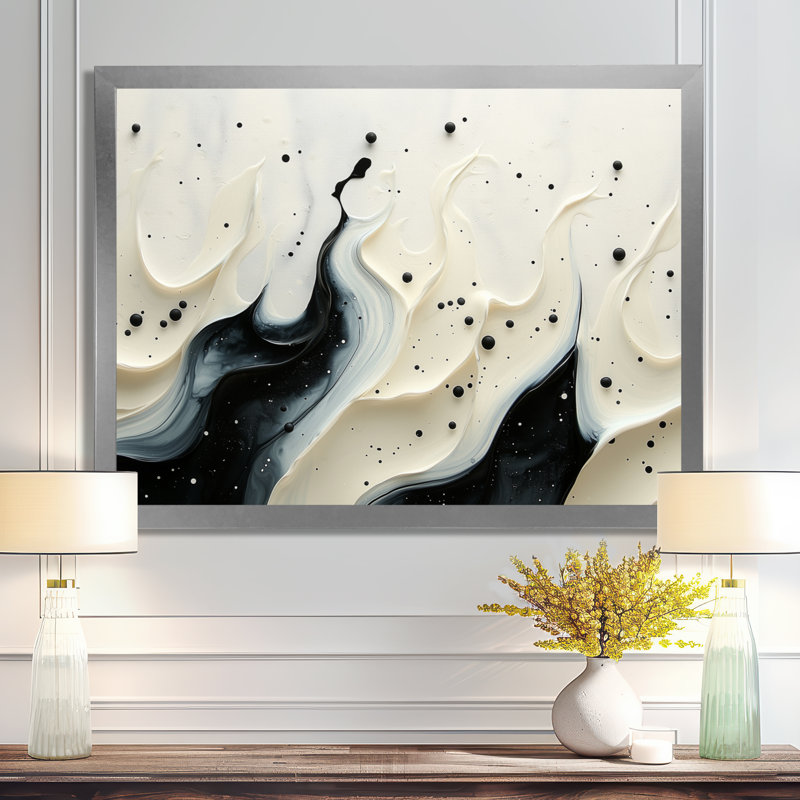 Crowborough noir blanc vague rythmique rivière I - goutte peinture d'art mural, H 30 po x l 40 po, Argent argent