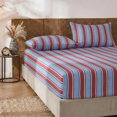 100% Cotton Sheet Set King Size - Burgundy and Blue Striped Bedding, Soft Breathable Percale Weave, Deep Pocket Fitted Sheet 17.5", Luxury & Silky Soft Sheet Set for All Seasons