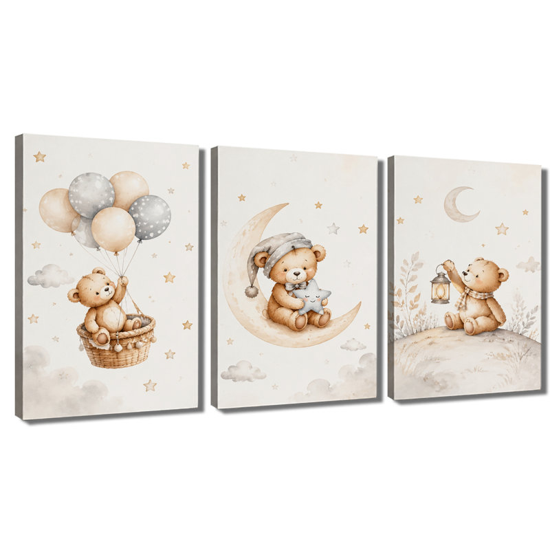 Tableau en trois panneaux, aquarelle, ours en peluche, lune et étoiles, impression sur toile tendue pour salon