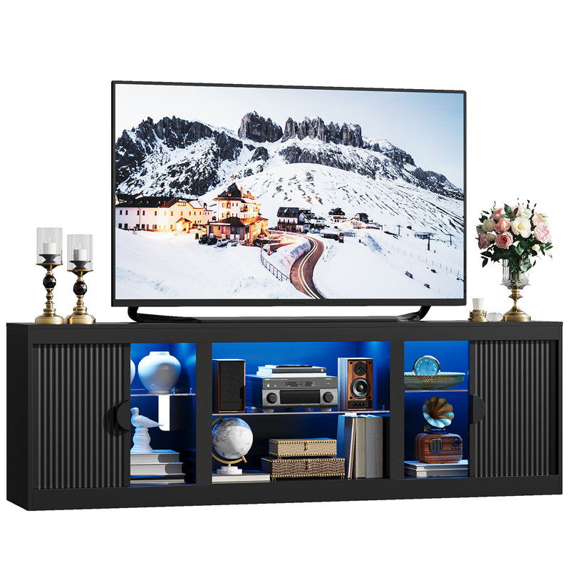 70" Fluted TV Stand for TVs Up To 80" with LED Lights Glass Shelves and Open Storage,Black