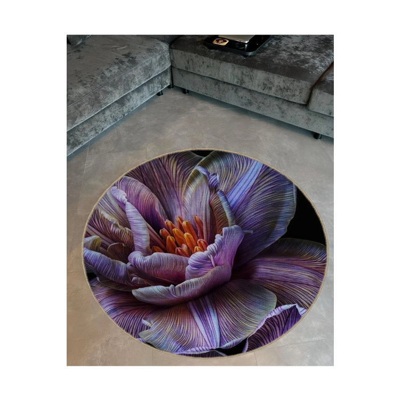 Purple Flower Woven Base Modern Decorative Carpet, Round 3'4"