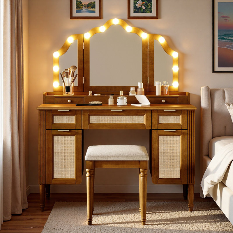 Meuble-lavabo de 44,37 po avec 13 ampoules Hollywood, 3 miroirs à trois modes d'éclairage, 3 grands tiroirs, 2 tiroirs de bureau, un rangement de table ouvert, 2 armoires, une station de charge et un tabouret