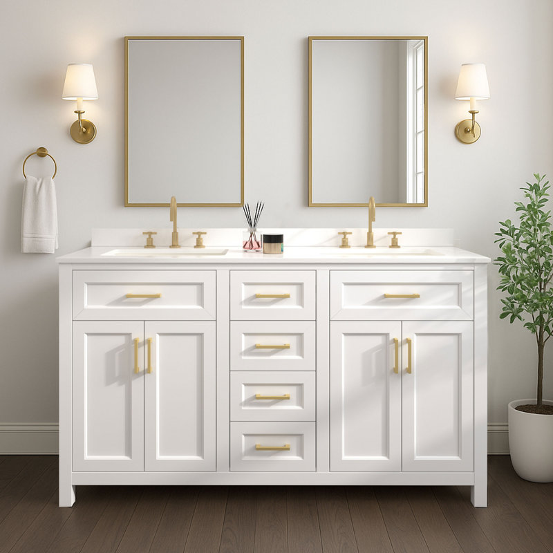 Meuble-lavabo double 60 po avec lavabo en céramique Chezkel, Blanc, Doré