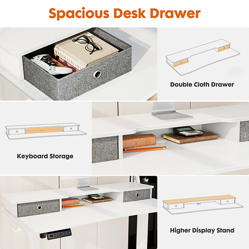 Bureau debout à hauteur ajustable Marzena, H 52 po x l 48 po x P 23 po, Blanc / blanc