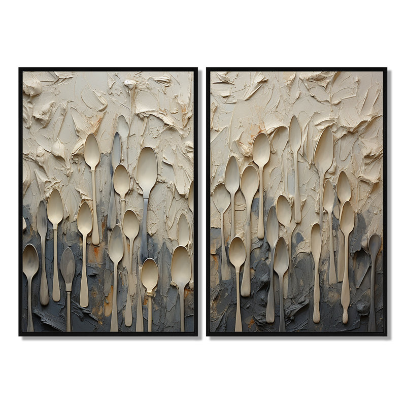 Ustensiles beiges et gris - Ustensiles de grande taille, Black, 36" H x 48" W, Impression encadrée flottante
