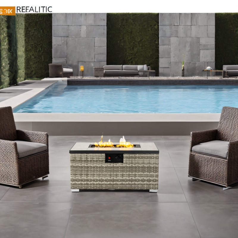 Odyssefs 15'' H x 32'' W Outdoor Propane 2-Piece Fire Pit Table Set in Wooden Texture Top with Extra Gas Tank Holder and Metal Cover Lid