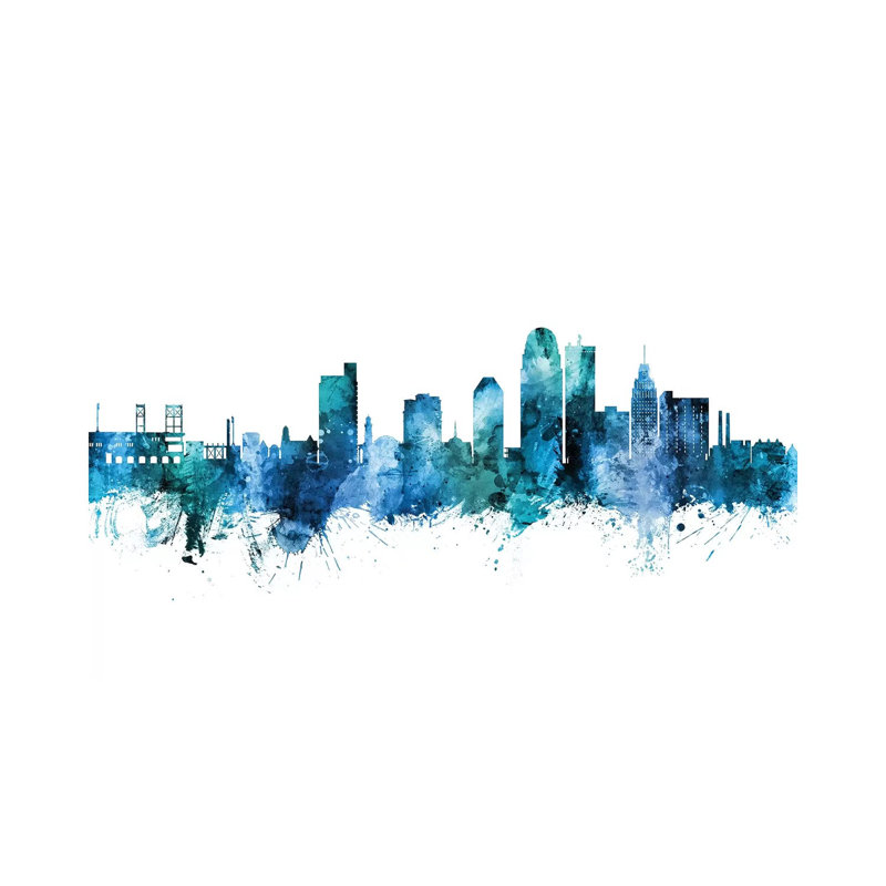 Winston Salem Skyline Blue Teal by Michael Tompsett - Wrapped Canvas Gallery-Wrapped Canvas Giclée, 20.32 cm H x 30.48 cm W