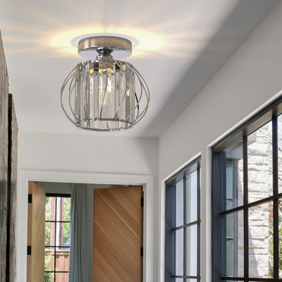 7 po Plafonnier semi-encastré moderne en cristal 1 lumière, conception de cage dorée pour couloir, entrée ou chambre à coucher