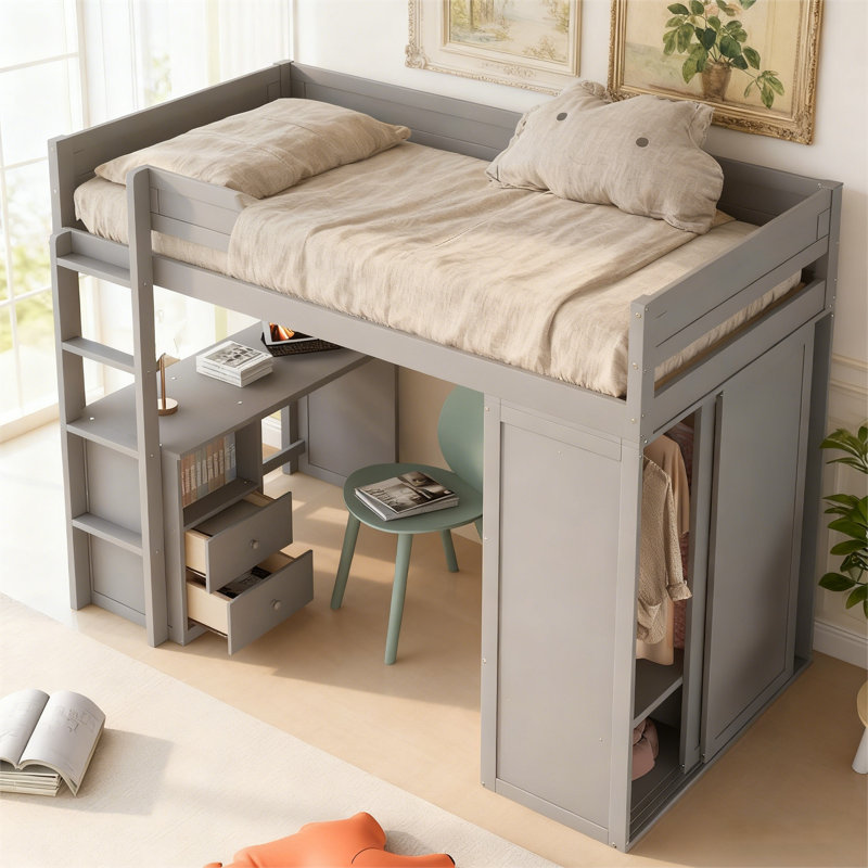 Premium Solid Wood Loft Bed with Built-In Wardrobe & Study Desk, Gray, Twin